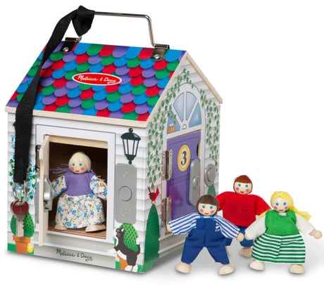 Domek dla lalek drewniany Melissa & Doug z dzwonkami, zamkami i 4 laleczkami, idealny do zabawy w odgrywanie ról.