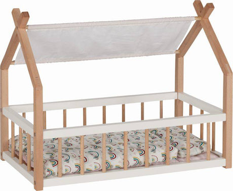 Goki drewniane łóżeczko dla lalek z płóciennym daszkiem, idealne akcesorium do pokoju małej damy.