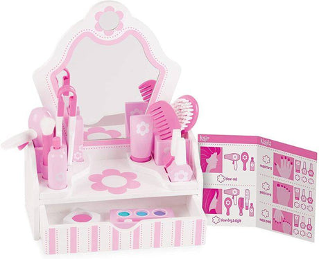 Toaletka dla dzieci z lustrem Melissa & Doug Beauty Salon, 18-elementowy zestaw akcesoriów do kreatywnej zabawy.