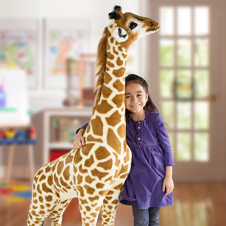 Gigantyczna pluszowa maskotka żyrafa od Melissa & Doug, ręcznie wykonana, doskonała do przytulania i dekoracji pokoju dziecięcego.