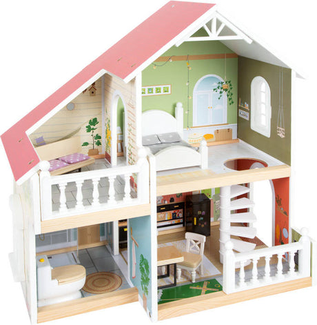 Nowoczesny drewniany domek dla lalek Small Foot Miejska Willa z salonem, kuchnią, jadalnią, sypialnią, łazienką i tarasem.
