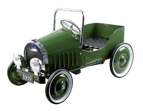 Zielony metalowy jeździk dla dzieci z pedałami, Gollnest&Kiesel 1939, klasyczny design, gumowe opony, max. obciążenie 25 kg