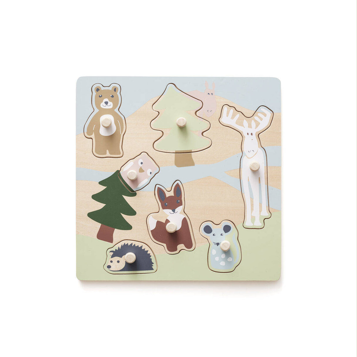 Puzzle drewniane z gałkami Kid's Concept Edvin, siedmioczęściowe układanki z uroczych zwierząt szwedzkiego lasu.