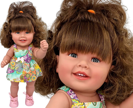 Lalka Manolo Diana 47 cm, brązowe kręcone włosy, ręcznie wykonana w Hiszpanii, idealne lalki dla dzieci.