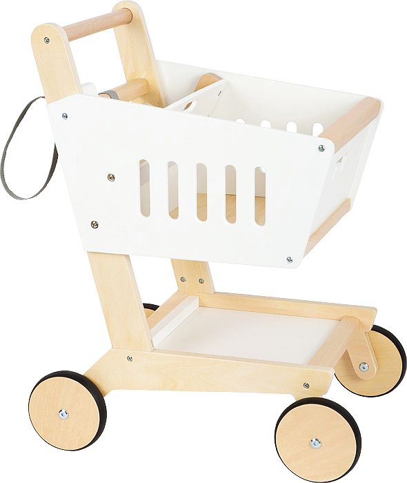 Wózek sklepowy Small Foot dla dzieci, zabawka do sklepu z dużym koszem, składanym siedziskiem i magnetycznym żetonem.