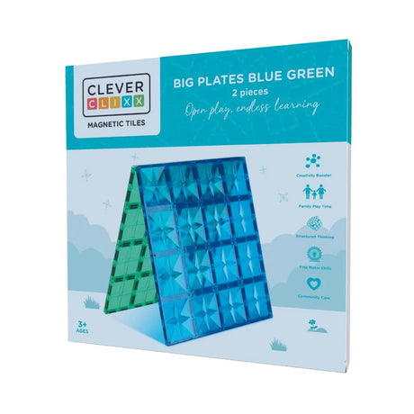 Klocki magnetyczne Cleverclixx Big Plates w kolorze niebieskim i zielonym do budowania trwałych konstrukcji 3D.
