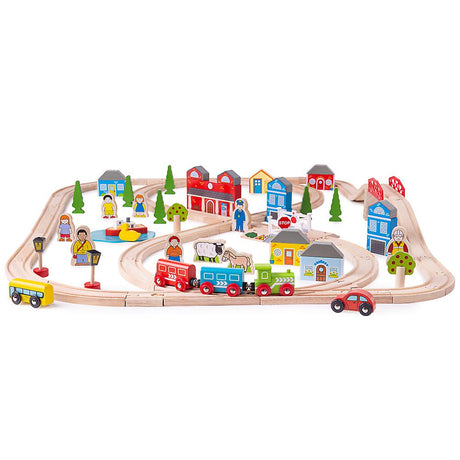 Kolejka drewniana dla dzieci Bigjigs Toys Miasto i Wieś, 91 elementów, pociąg zabawka pobudza wyobraźnię.