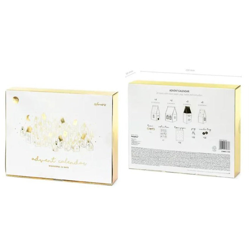 PartyDeco: pudełka na kalendarz adwentowy biało-złote Domki