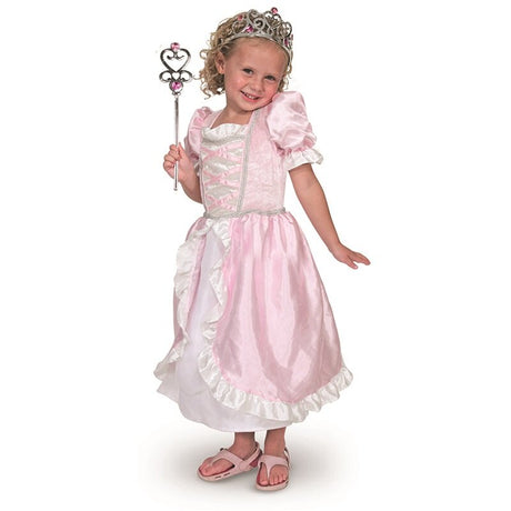Strój księżniczki z satynową suknią, koroną i różdżką, idealny do kreatywnej zabawy.