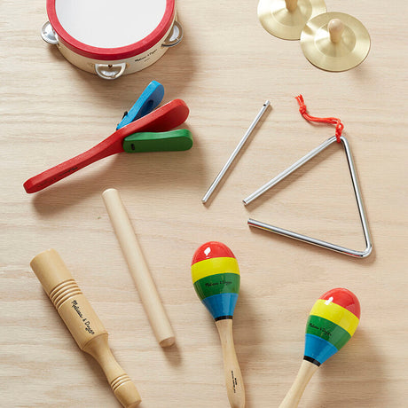 Zestaw instrumentów muzycznych dla dzieci Melissa & Doug: tamburyn, cymbałki, marakasy, klocki dźwiękowe, trójkąt. Idealny prezent.