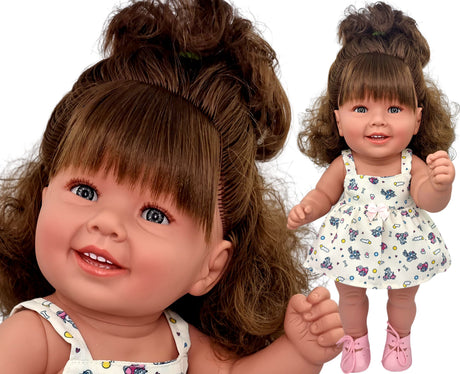 Ręcznie wykonana lalka Manolo Diana 47cm brunetka z kręconymi włosami w białej sukience, idealna zabawka dla dziewczynek.