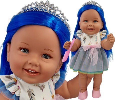 Lalka Manolo Diana 47cm, niebieskie włosy, ręcznie wykonana w Hiszpanii, idealna zabawka dla dziewczynek.