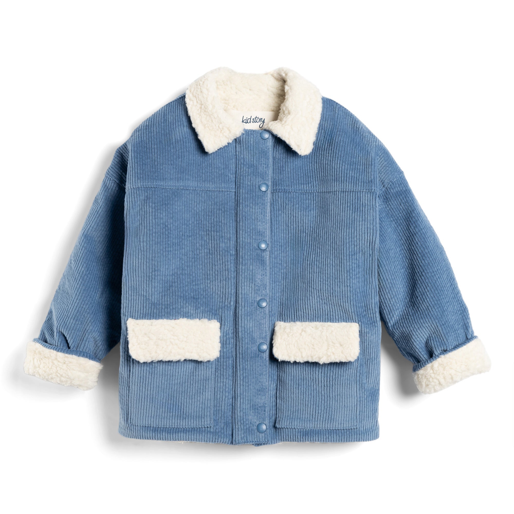 Historia de niños: chaqueta de pana de galleta azul de peluche