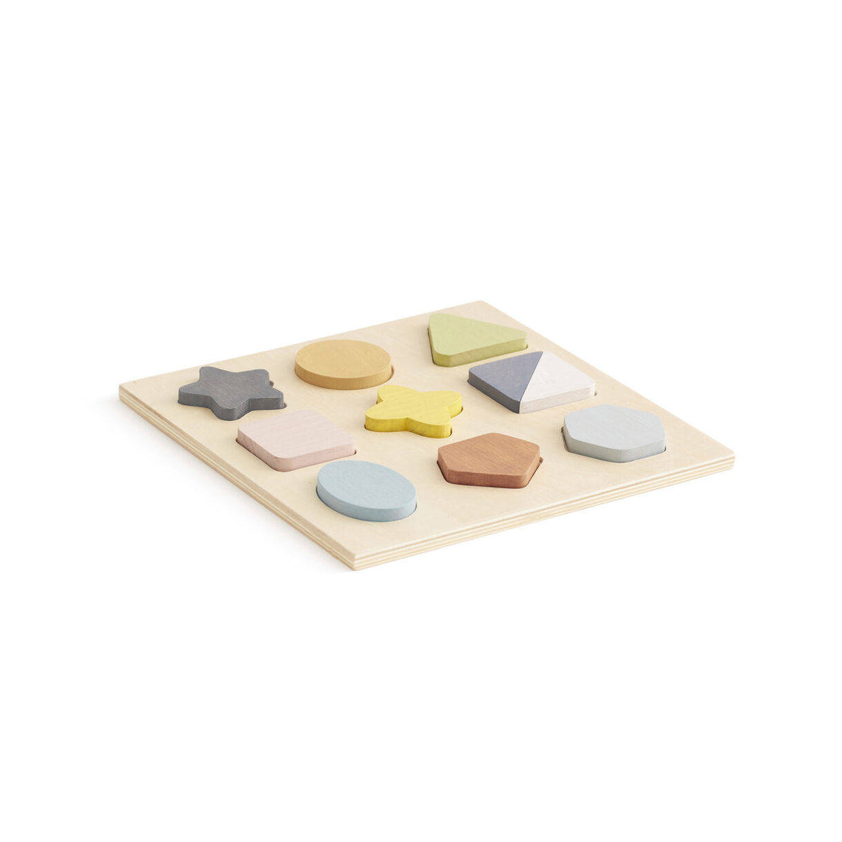 Puzzle drewniane Kids Concept Geo, 9 części, pastelowe kolory, różnorodne kształty, bezpieczna zabawa dla dzieci od 18 miesięcy.