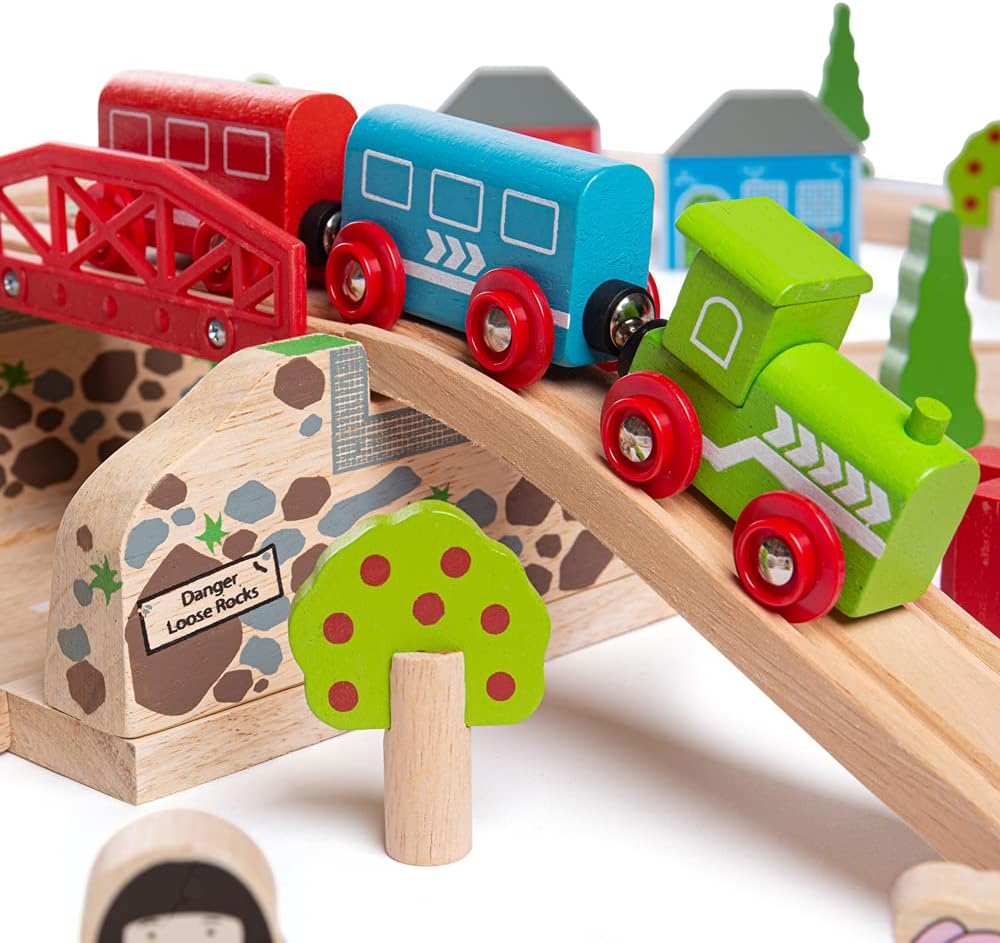 Bigjigs Toys: drewniana kolejka droga Railway & Road Set 80 el.