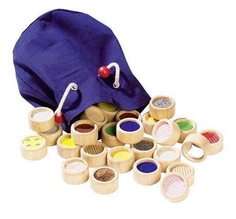 Memo Dotykowe DIY Goki 32 Elementy rozwija zmysł dotyku i percepcję u dzieci, zapakowane w bawełnianym woreczku.