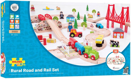 Drewniane tory kolejki dla dzieci Bigjigs Toys Railway Road Set, 80 elementów, zabawka pociąg, kreatywna zabawa.