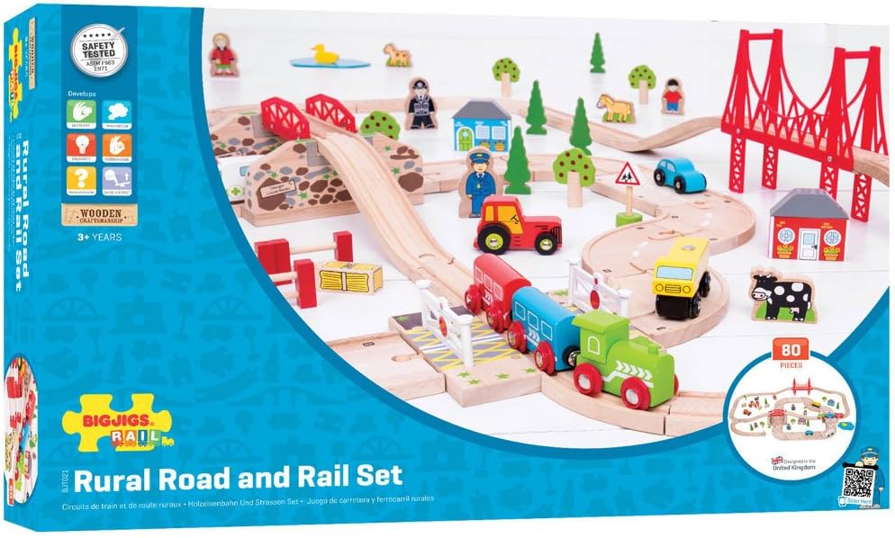 Іграшки Bigjigs: дерев’яна черга залізниця та дорога 80 ел.