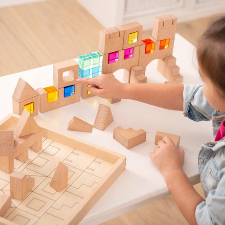 Klocki konstrukcyjne Tickit Wooden Building Gem Blocks dla dzieci, drewniane z kolorowymi wkładkami, kreatywna zabawka.