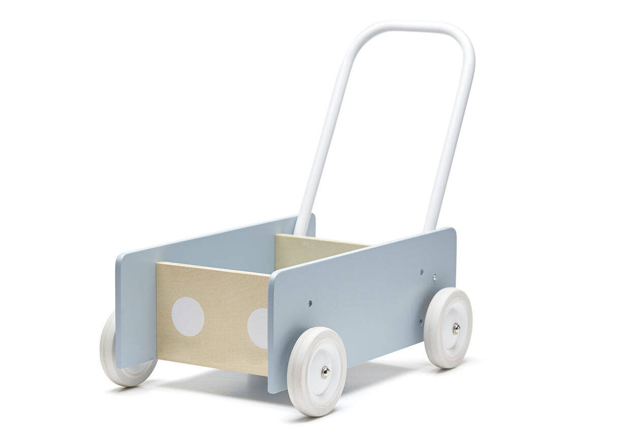 Chodzik dla dzieci Kids Concept Blue Grey, drewniany pchacz z regulowaną rączką i hamulcem na kołach dla bezpieczeństwa.