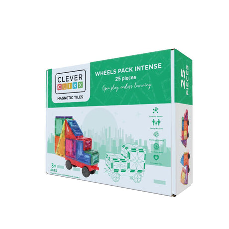 Klocki magnetyczne Cleverclixx Wheels Pack 25 elementów – konstrukcyjne zabawki rozwijające kreatywność dzieci.