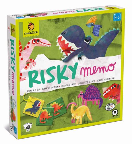 Gra Memo Ludattica Risky Strzeż się T-Rexa, edukacyjna gra pamięciowa rozwijająca spostrzegawczość i refleks, idealna dla całej rodziny.