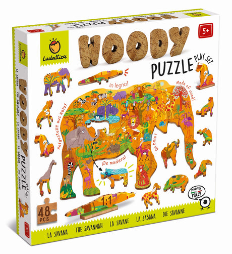Puzzle Drewniane Ludattica, konturowe zwierzęta sawanny, 48 elementów, edukacyjne i ekologiczne zabawki dla dzieci.