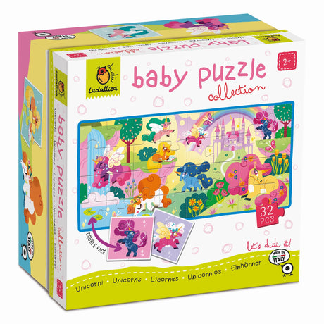 Duże, dwustronne puzzle Ludattica Jednorożce, idealne dla dzieci od 2 lat, rozwijają manualne zdolności i spostrzegawczość.