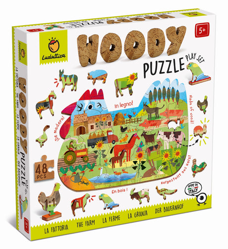 Puzzle drewniane Ludattica Farma, 48 elementów, w tym 12 figurek zwierząt, wysokiej jakości, kreatywna zabawa.