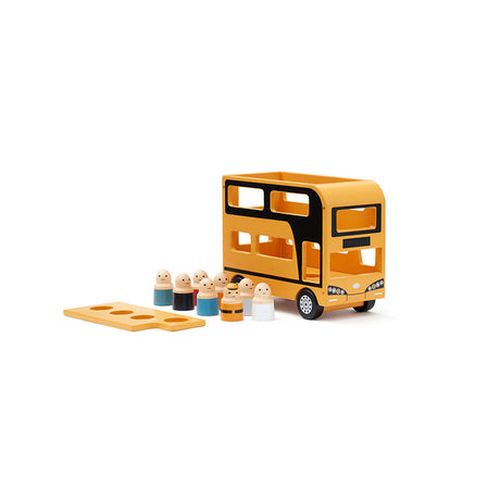 Piętrowy autobus zabawka Aiden z drewna, dla dzieci, z pasażerami i kierowcą, idealny na zabawę w mieście.
