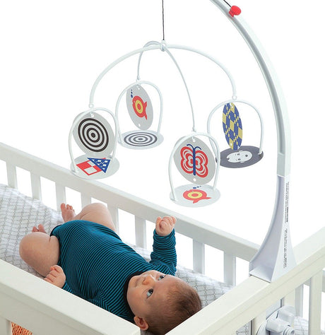 Karuzela do łóżeczka Manhattan Toy Wimmer Ferguson z kontrastowymi obrazkami i wymiennymi kartami dla rozwoju niemowląt.