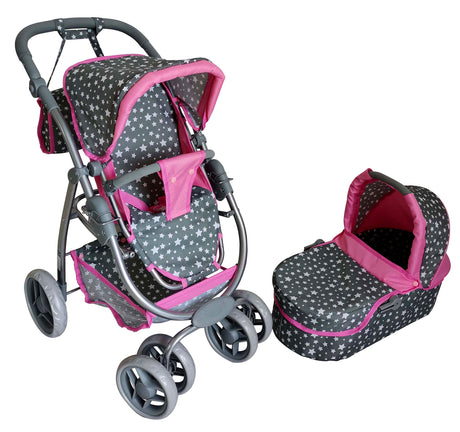 Wózek dla lalek Mariotoys 9662 różowy, solidny i estetyczny, z bogatym zestawem akcesoriów dla małych mam.