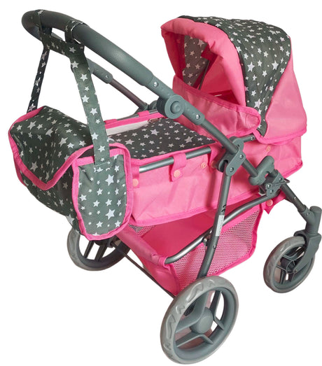 Różowy wózek dla lalek Mariotoys 9651 z regulowaną rączką i akcesoriami, idealny prezent dla małej księżniczki.