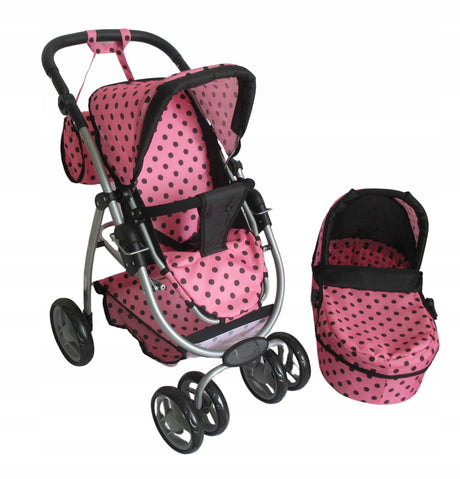 Stylowy wózek dla lalek Mariotoys 9662 pink 2w1, wyjmowana gondola i wersja spacerowa, idealny dla małych mam.
