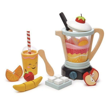 Drewniany blender dla dzieci Tender Leaf Toys Mini Chef z akcesoriami do przygotowywania smoothie, zabawka edukacyjna.