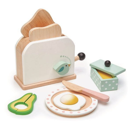 Drewniany toster zestaw śniadaniowy dla dzieci Tender Leaf Toys z grzankami, masłem i dodatkami do kreatywnej zabawy.