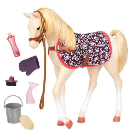 Koń dla lalki Our Generation Palomino źrebak z akcesoriami, idealny towarzysz przygód dla lalek, rozwija empatię i odpowiedzialność.