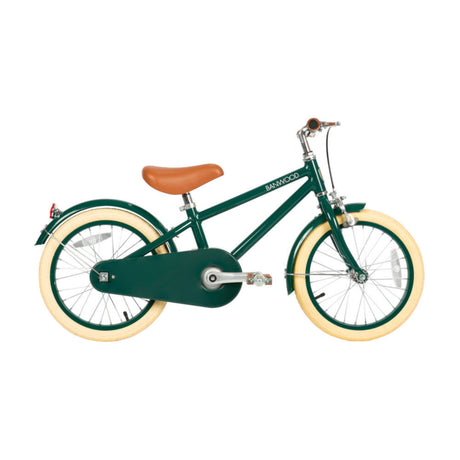 Rowerek biegowy Banwood Classic zielony z aluminiową ramą, skórzanym siodełkiem i palisandrowymi pedałami dla dzieci.