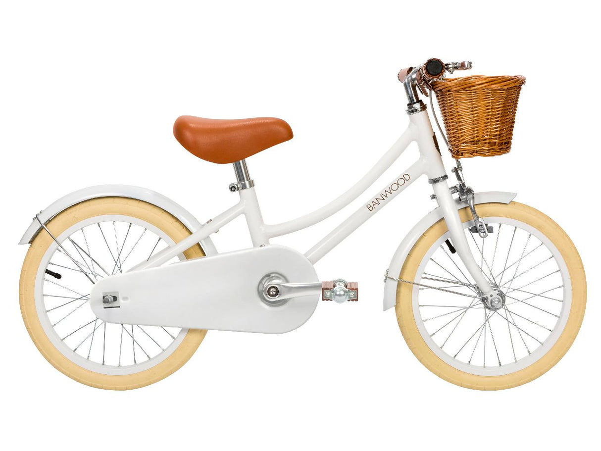 Rowerek biegowy Banwood Classic White, aluminiowa rama, skórzane siodełko, styl retro, rower dziecięcy z koszykiem.