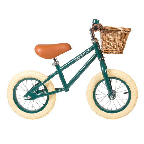 Rowerek biegowy dla 2 latka Banwood First Go zielony, regulowane siodełko, pompowane koła, bezpieczny i stylowy.