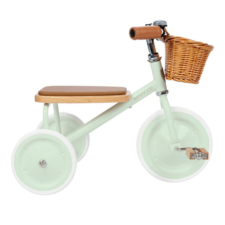 Rowerek trójkołowy Banwood Trike Pale Mint, skandynawski design, dębowe siedzisko, drewniane pedały, dla dzieci.
