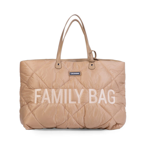 Beżowa pikowana torba podróżna Childhome Family, idealna do wózka, pojemna i stylowa na rodzinne wyjazdy.