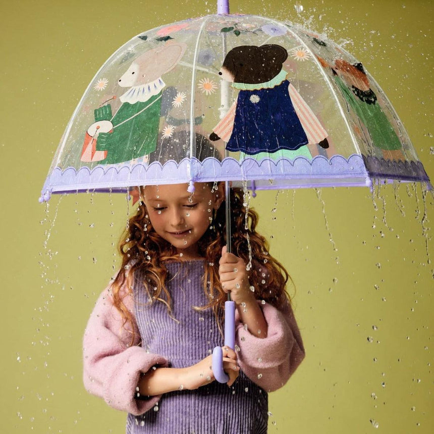 Parasol Djeco Muzycy z przeźroczystą kopułą i wzorem w zwierzęta, bezpieczny mechanizm otwierania, idealny dla dzieci.