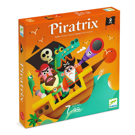 Gra dla dzieci Djeco Piratrix, rozwijająca strategię i logiczne myślenie, gdzie piraci rywalizują o skarb na wyspie.