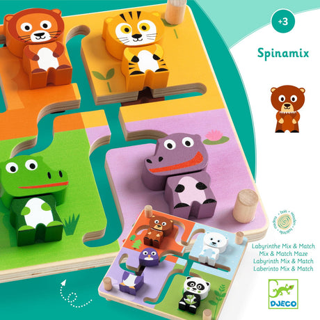 Drewniany labirynt dla dzieci Djeco Spinamix z wesołymi zwierzątkami, rozwija kreatywność i zdolności manualne.