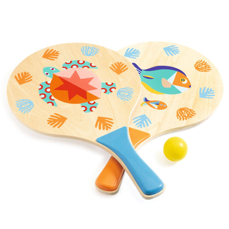 Drewniane paletki Djeco Ocean dla dzieci, kolorowe z morskimi stworzeniami, idealne do gry na świeżym powietrzu.