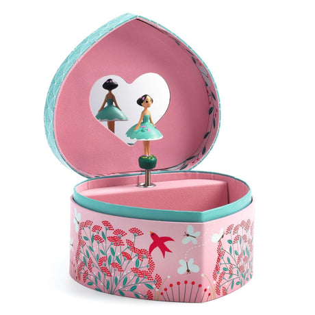 Szkatułka na biżuterię Djeco Wiosenna Melodia, idealna dla dziewczynki, z pozytywką i wirującą figurką, wyłożona różowym welurem.