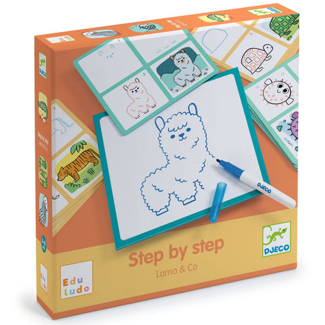 Zestaw Djeco Step by Step Lama & Co - łatwe rysunki zwierząt, innowacyjna metoda krok po kroku, idealny dla dzieci.