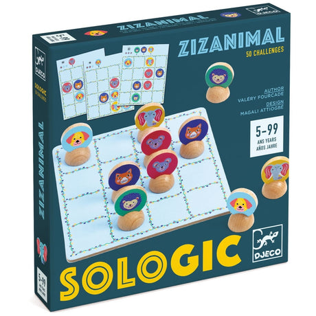 Gra logiczna Zizanimal Djeco, 50 zadań, rozwija logiczne myślenie, idealne dla fanów łamigłówek i gier planszowych.