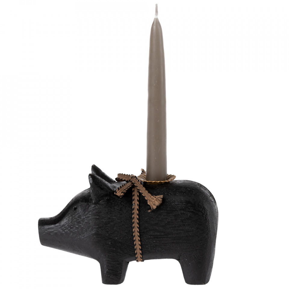 Maileg: Christmas decoration Wooden Pig Small Black candlestick